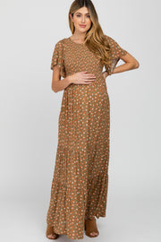 Rust Floral Smocked Tiered Maternity Maxi Dress