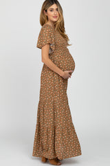 Rust Floral Smocked Tiered Maternity Maxi Dress