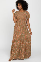 Rust Floral Smocked Tiered Maternity Maxi Dress