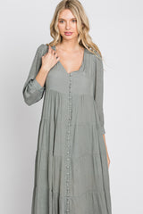 Light Olive Button Front Tiered Maxi Dress