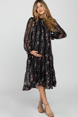 Black Floral Tiered Maternity Midi Dress