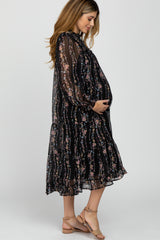 Black Floral Tiered Maternity Midi Dress