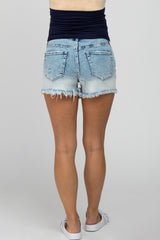 Light Blue Distressed Fringe Hem Maternity Jean Shorts