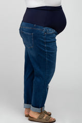 Navy Blue Ripped Knee Rolled Hem Maternity Plus Jeans