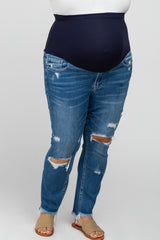 Blue Ripped Knee Distressed Crop Maternity Plus Jeans