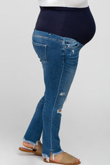 Blue Ripped Knee Distressed Crop Maternity Plus Jeans