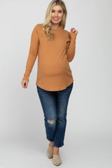 Camel Ribbed Long Sleeve Curved Hem Maternity Top