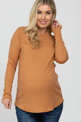 Camel Ribbed Long Sleeve Curved Hem Maternity Top