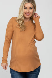 Camel Ribbed Long Sleeve Curved Hem Maternity Top