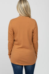 Camel Ribbed Long Sleeve Curved Hem Maternity Top