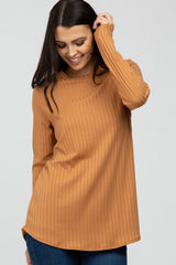 Camel Ribbed Long Sleeve Curved Hem Maternity Top