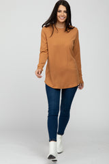 Camel Ribbed Long Sleeve Curved Hem Top