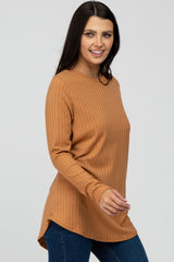 Camel Ribbed Long Sleeve Curved Hem Top