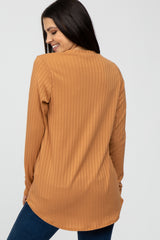 Camel Ribbed Long Sleeve Curved Hem Top