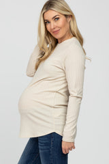 Beige Ribbed Long Sleeve Curved Hem Maternity Top