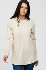 Beige Ribbed Long Sleeve Curved Hem Maternity Top