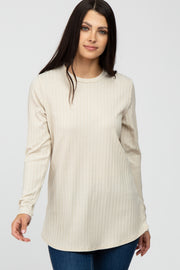 Beige Ribbed Long Sleeve Curved Hem Top