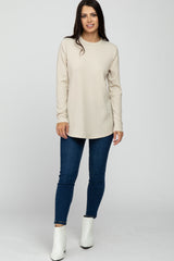 Beige Ribbed Long Sleeve Curved Hem Top