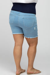 Light Blue Distressed Frayed Hem Maternity Plus Shorts