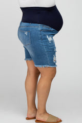 Blue Distressed Fringe Hem Maternity Plus Shorts