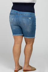 Blue Distressed Fringe Hem Maternity Plus Shorts