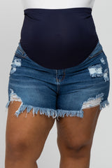 Blue Distressed Fringe Hem Maternity Plus Denim Shorts