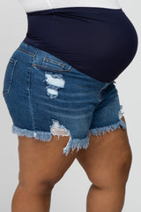 Blue Distressed Fringe Hem Maternity Plus Denim Shorts