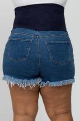 Blue Distressed Fringe Hem Maternity Plus Denim Shorts