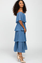 Blue Solid Off Shoulder Pleated Ruffle Midi Dress