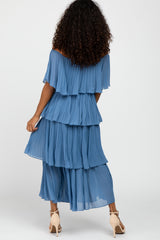 Blue Solid Off Shoulder Pleated Ruffle Midi Dress