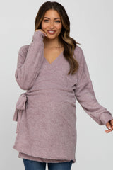 Mauve Fuzzy Tie Front Wrap Maternity Top