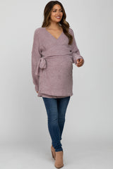 Mauve Fuzzy Tie Front Wrap Maternity Top