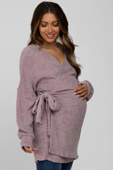 Mauve Fuzzy Tie Front Wrap Maternity Top