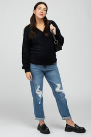 Blue Distressed  Cropped Straight Maternity Jeans