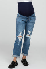 Blue Distressed  Cropped Straight Maternity Jeans