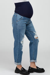 Blue Distressed  Cropped Straight Maternity Jeans