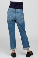 Blue Distressed  Cropped Straight Maternity Jeans