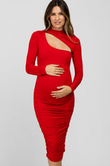 Red Fitted Ruched Cutout Neckline Maternity Midi Dress