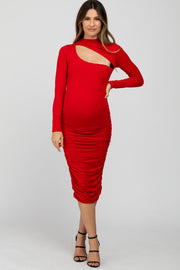 Red Fitted Ruched Cutout Neckline Maternity Midi Dress