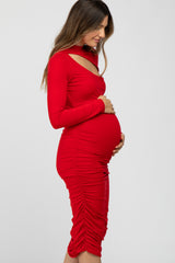 Red Fitted Ruched Cutout Neckline Maternity Midi Dress