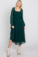 Forest Green Long Sleeve Smocked Bodice  Midi Dress