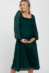 Forest Green Long Sleeve Smocked Bodice Maternity Midi Dress