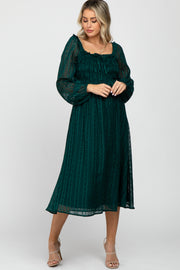 Forest Green Long Sleeve Smocked Bodice Maternity Midi Dress