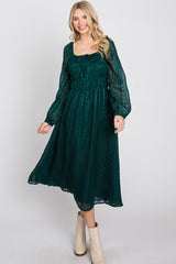 Forest Green Long Sleeve Smocked Bodice  Midi Dress