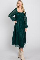 Forest Green Long Sleeve Smocked Bodice  Midi Dress