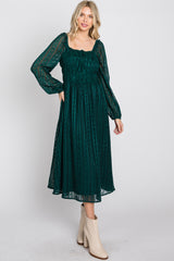 Forest Green Long Sleeve Smocked Bodice  Midi Dress