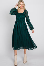 Forest Green Long Sleeve Smocked Bodice  Midi Dress