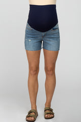 Blue Distressed Raw Hem Maternity Jean Shorts