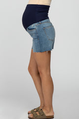 Blue Distressed Raw Hem Maternity Jean Shorts