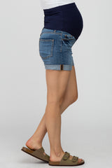 Blue Cuffed Denim Maternity Shorts